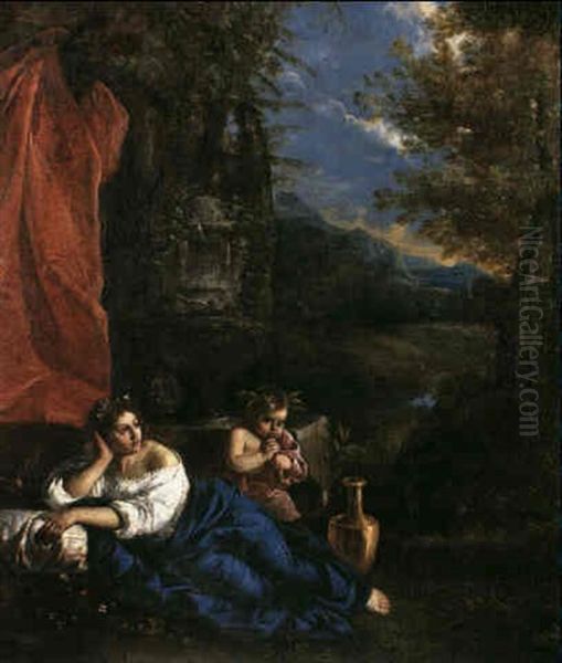 Flora Reclining In A Landscape Accompanied By The Infant    Bacchus Playing A Pipe Oil Painting by Pier Francesco Mola