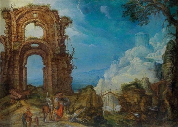 A Landscape With Roman Ruins And A Temple On A Hill Oil Painting by Mattheus Molanus