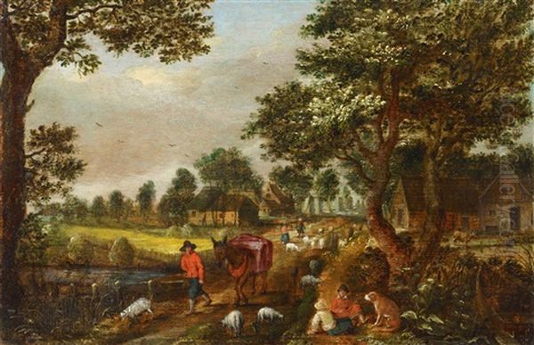 Village Scene With A Donkey Driver Oil Painting by Mattheus Molanus