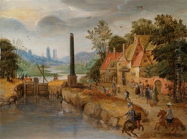 Eine Reich Staffierte Dorfansicht Mit Einem Kanal Und Einer Schleuse Oil Painting by Mattheus Molanus