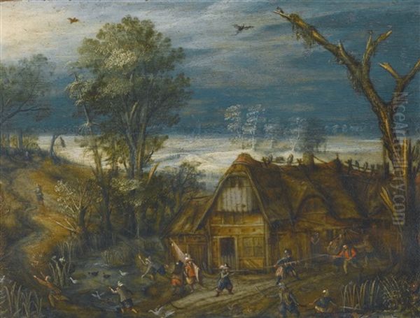 A Landscape With Soldiers Fighting Outside A House Oil Painting by Mattheus Molanus