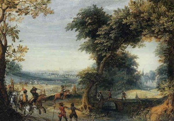 A Wooded Landscape With A Cavalry Skirmish, A City Beyond Oil Painting by Mattheus Molanus