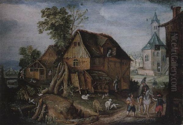 A Village Scene With A Horseman And Farmyard Animals By A River Oil Painting by Mattheus Molanus