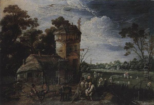 Spring: A Landscape With Peasants Before A Barn, Other Figures Drying And Bleaching Laundry In Fields Beyond Oil Painting by Mattheus Molanus