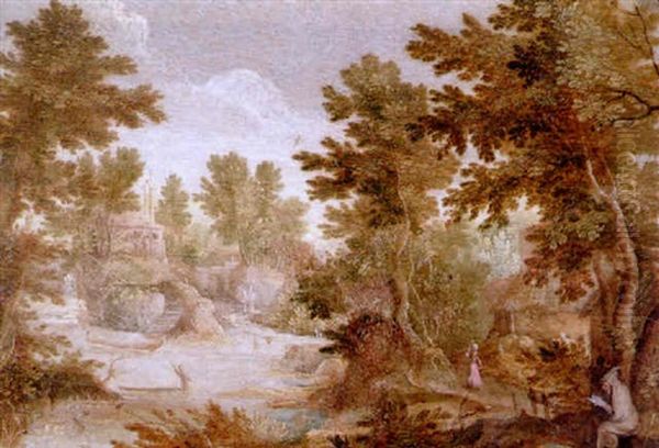 A Wooded Landscape With A Hermit At His Devotions In The Foreground, Other Figures Beside A River And A Chapel Beyond Oil Painting by Mattheus Molanus