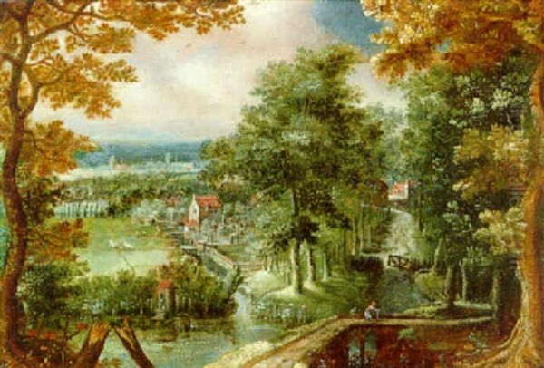 Waldlandschaft Mit Einem Blick Auf Ein Wiesental Und Ein Fernes Dorf Oil Painting by Mattheus Molanus