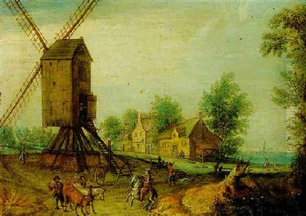 Figures On A Country Road By A Windmill Oil Painting by Mattheus Molanus