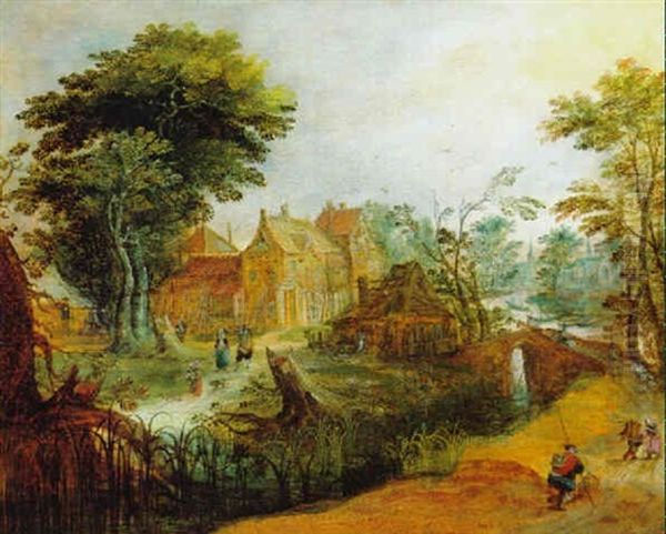 Blick Auf Ein Flaemisches Dorf Mit Reisenden, Mit Einem Storch Auf Dem Dach Oil Painting by Mattheus Molanus