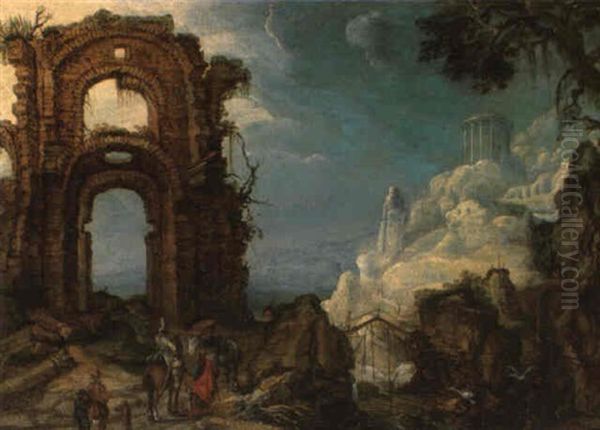 A Rocky River Landscape With Travellers And Beggars By Arch Oil Painting by Mattheus Molanus