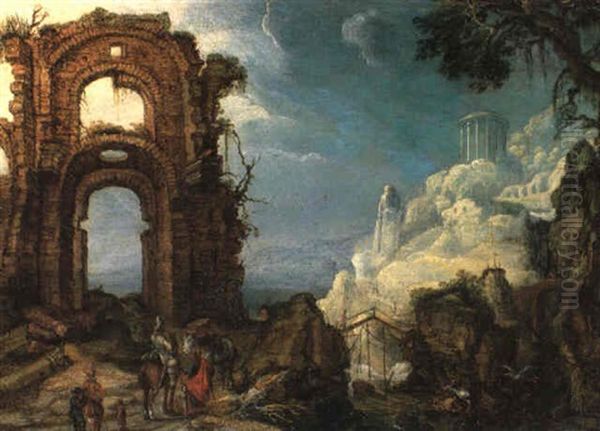 A Rocky River Landscape With A Knight And Beggars Standing By Ruins Oil Painting by Mattheus Molanus