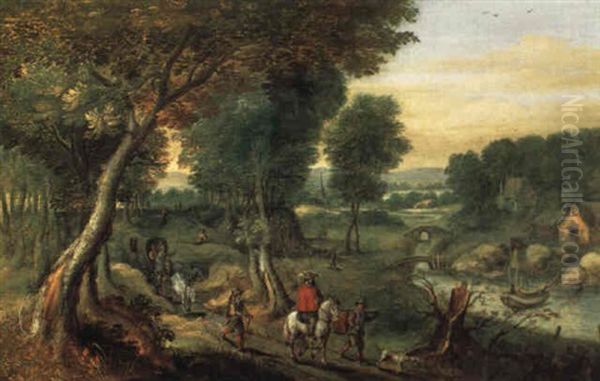 Ein Waldweg Mit Planwagen, Reiter Und Reisenden Oil Painting by Mattheus Molanus