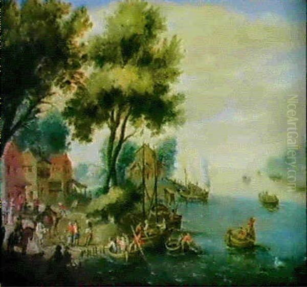 Ein Dorf An Einem Fluss Mit Reitern Und Booten Oil Painting by Mattheus Molanus