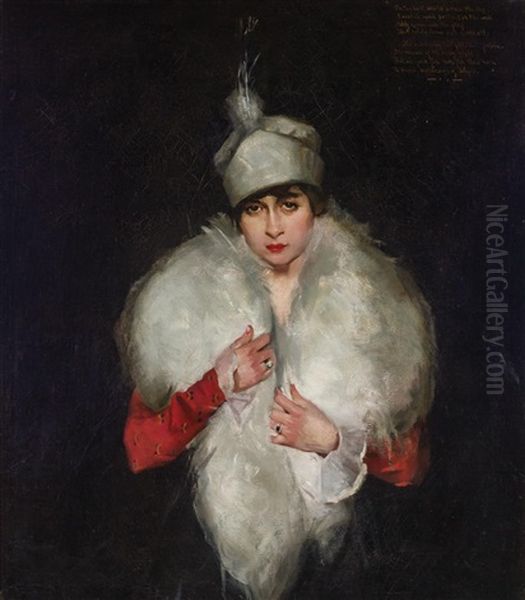 Woman In White Fur Wrap Oil Painting by Maurice Molarsky