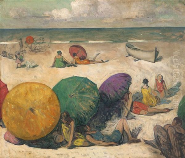 Figures With Umbrellas On A Beach Oil Painting by Maurice Molarsky