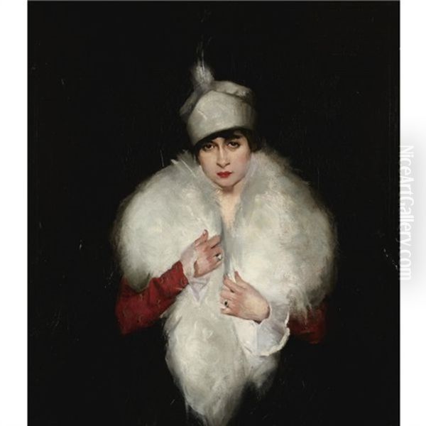 Woman In White Fur Wrap Oil Painting by Maurice Molarsky