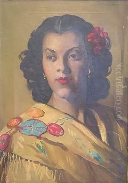 Portrait Of A Gypsy Woman Wearing A Colored Shawl And A Red Flower In Her Hair Oil Painting by Maurice Molarsky