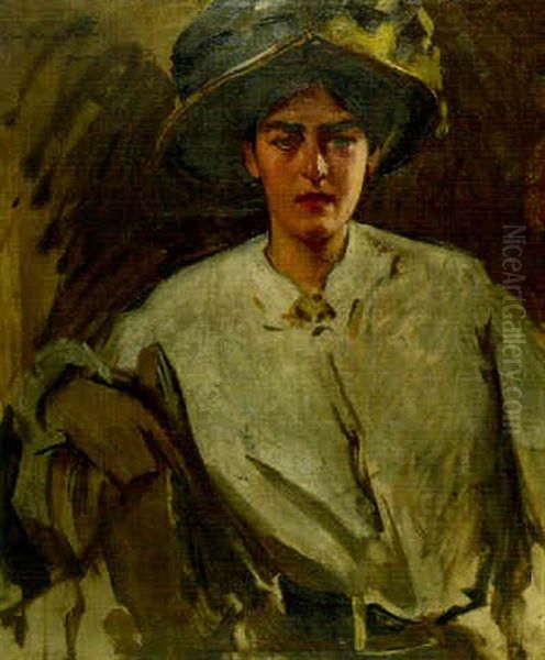 Portrait Of A Woman With Blue Hat Oil Painting by Maurice Molarsky