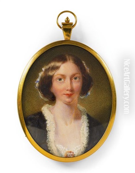 An English Portrait Miniature Of A Young Lady In A Frilled Black Dress Oil Painting by John Henry Mole