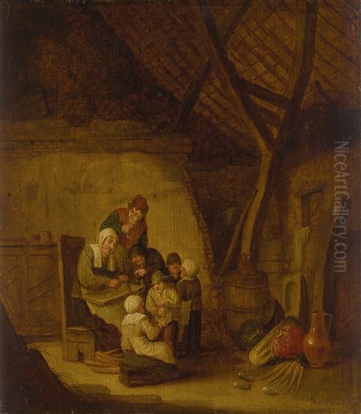 An Interior Scene With A Group Of Peasants Gathered Oil Painting by Bartholomeus Molenaer