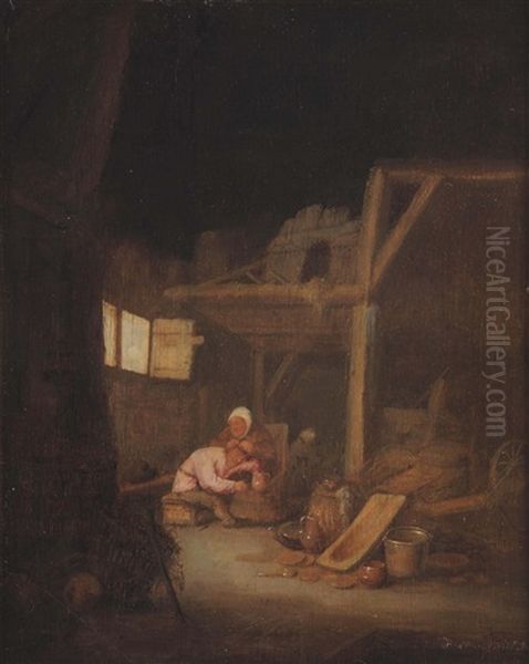 A Barn Interior With A Peasant Woman Delousing A Man Oil Painting by Bartholomeus Molenaer