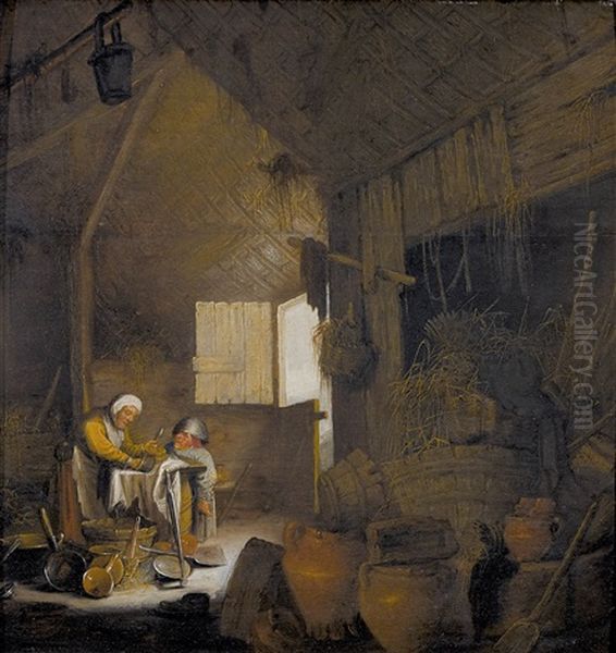 Scheuneninterieur Mit Alter Frau Und Geschirr Oil Painting by Bartholomeus Molenaer