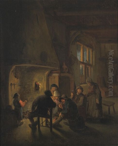 A Tavern Interior With Figures Gathered Around A Fire Oil Painting by Bartholomeus Molenaer