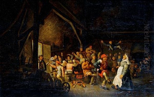 A Barn Interior With Peasants Feasting And Dancing Oil Painting by Bartholomeus Molenaer