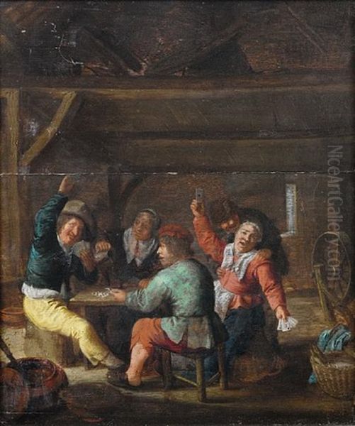 An Interior With Peasants Drinking And Playing Cards Oil Painting by Bartholomeus Molenaer