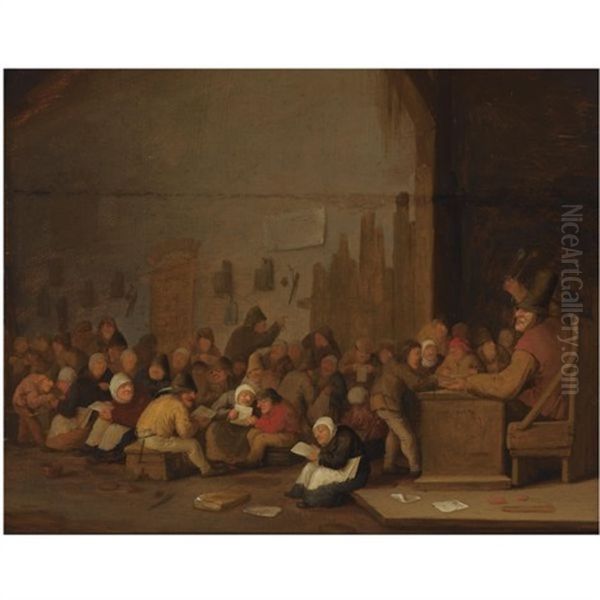 A School Room Interior With Children Reading And Playing, A Teacher Seated Behind A Desk On The Right Oil Painting by Bartholomeus Molenaer