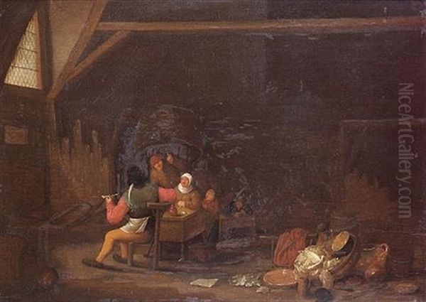 An Interior With Peasant Figures Seated Around A Table Oil Painting by Bartholomeus Molenaer