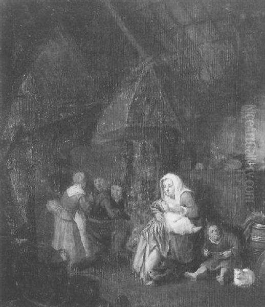 A Tavern Interior With A Mother Breast-feeding A Baby, A Boy Eating And Peasants Beside A Fire Oil Painting by Bartholomeus Molenaer