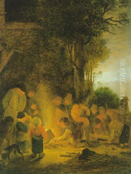 Kinder Schuren Ein Nachtliches Feuer Oil Painting by Bartholomeus Molenaer