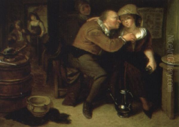 Tavern Interior With A Peasant Making An Amorous Advance To A Serving Girl Oil Painting by Bartholomeus Molenaer