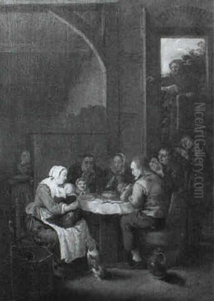 A Peasant Family Saying Grace Around A Table Laden With     Food, Whilst A Mother Suckles Her Child Oil Painting by Bartholomeus Molenaer