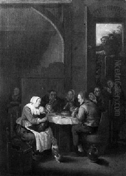 A Peasant Family Saying Grace Around A Table Laiden With    Food, Whilst A Mother Suckles Her Child Oil Painting by Bartholomeus Molenaer