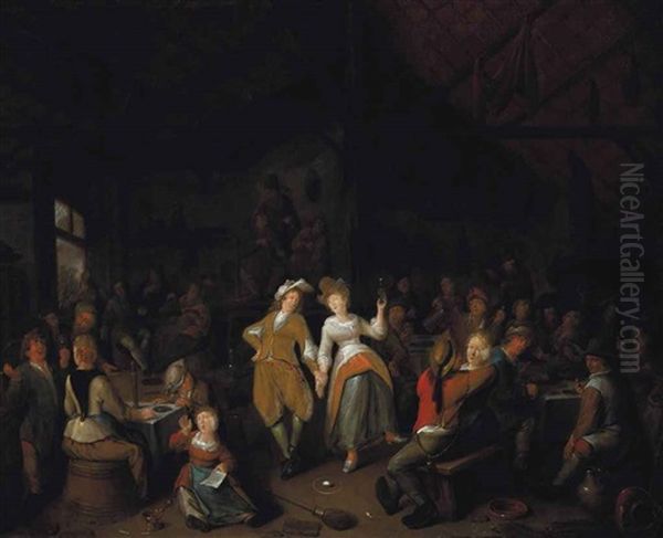 Peasants In A Barn Interior Dancing And Merrymaking Oil Painting by Jan Jacobsz Molenaer