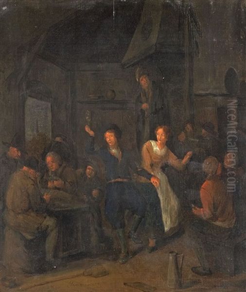 Taverneninterieur Mit Kartenspielern Und Tanzenden Bauern Oil Painting by Jan Jacobsz Molenaer