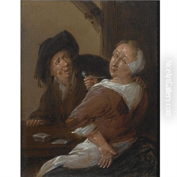 An Amourous Couple Playing Cards In An Inn Oil Painting by Jan Jacobsz Molenaer