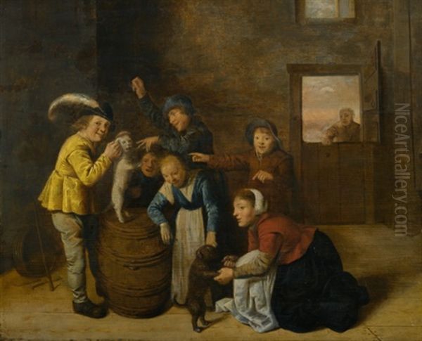 Children Playing With Dogs In An Interior Oil Painting by Jan Miense Molenaer