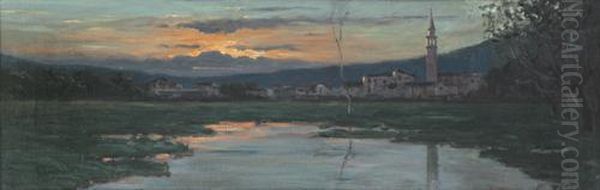 Paese Sul Lago Al Tramonto Oil Painting by Bartolomeo Bezzi