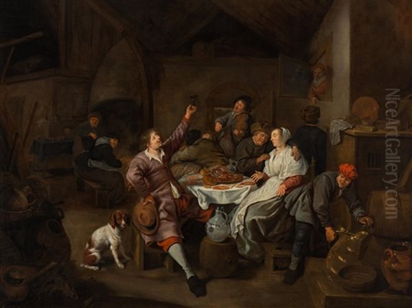 Farm Interior With Peasant Entertainment Oil Painting by Jan Miense Molenaer