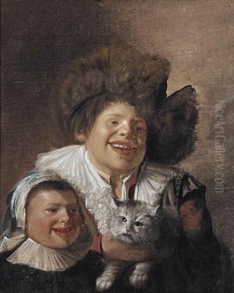 A Smiling Girl And A Boy With A Fur Hat Holding A Cat Oil Painting by Jan Miense Molenaer