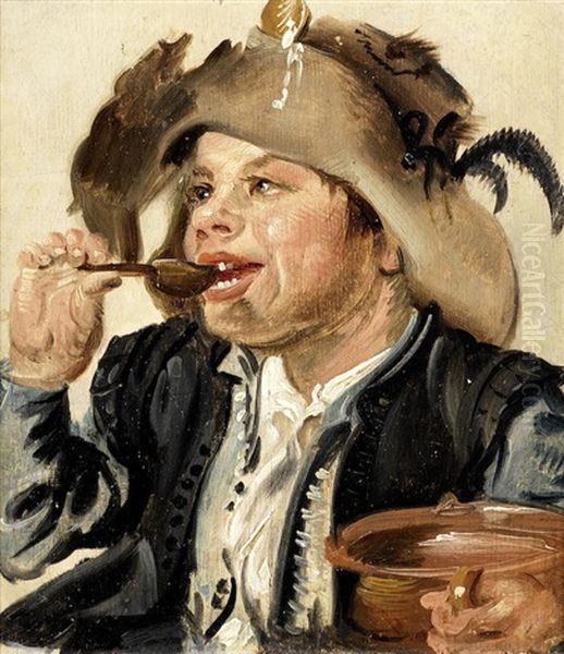 A Young Boy Eating Porridge Oil Painting by Jan Miense Molenaer