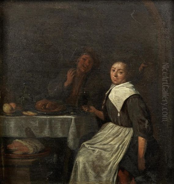 Figures In An Interior Oil Painting by Jan Miense Molenaer