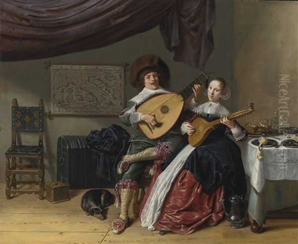 The Duet: A Self Portrait Of The Artist With His Wife, Judith Leyster, Probably Their Marriage Portrait Oil Painting by Jan Miense Molenaer