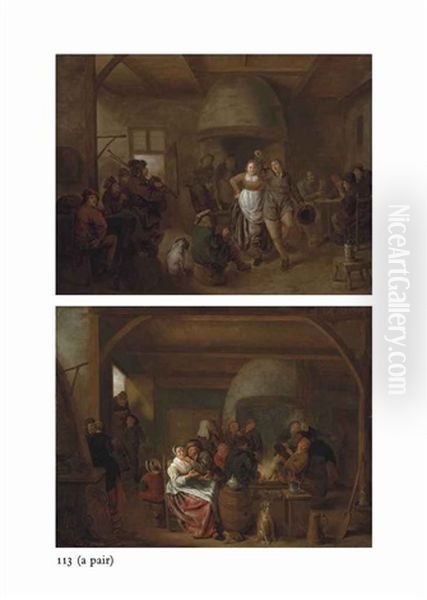 A Tavern Interior With A Bagpiper, A Couple Dancing, And Figures Playing Cards; A Tavern Interior With Figures Merrymaking And Carousing (pair) Oil Painting by Jan Miense Molenaer