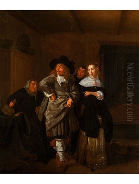 Eleganter Herr In Einem Innenraum, Umgeben Von Drei Frauen Oil Painting by Jan Miense Molenaer