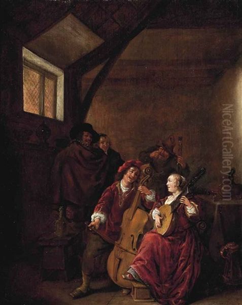 Elegant Company Making Music And Peasants Drinking In An Interior Oil Painting by Jan Miense Molenaer