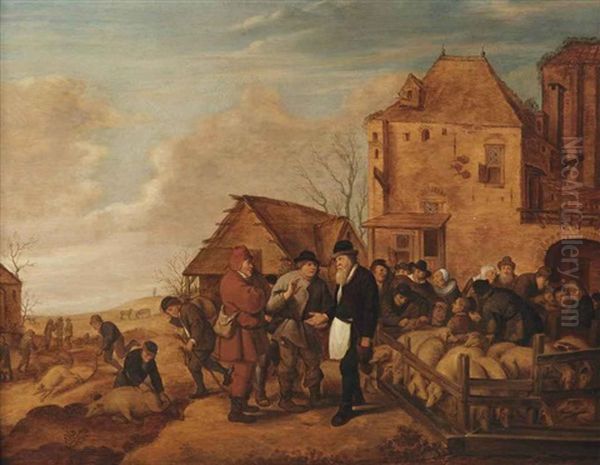 A Pig Market Oil Painting by Jan Miense Molenaer