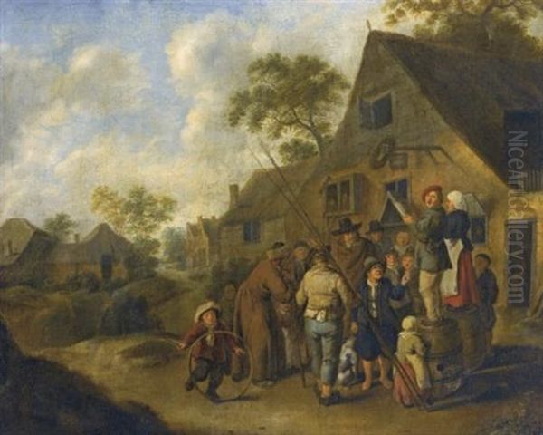 A Village Street With Villagers Gathered Around Two Figures Proclaiming News, Standing On Barrels Outside An Inn Oil Painting by Jan Miense Molenaer